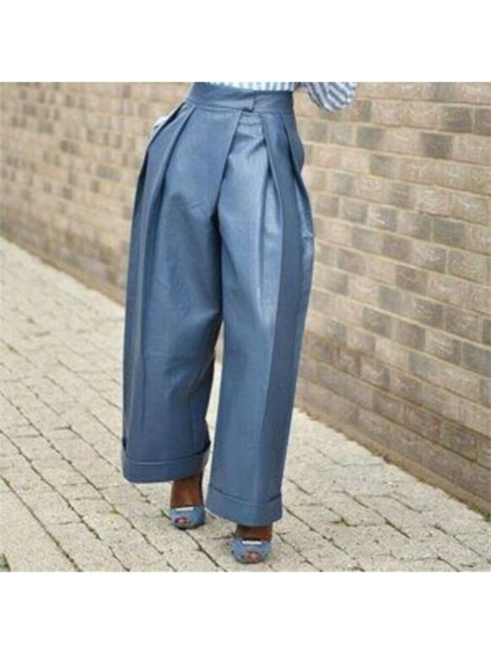 Dusty Blue Elegant Womens Faux leather Baggy w/Pockets Pants high street fashion